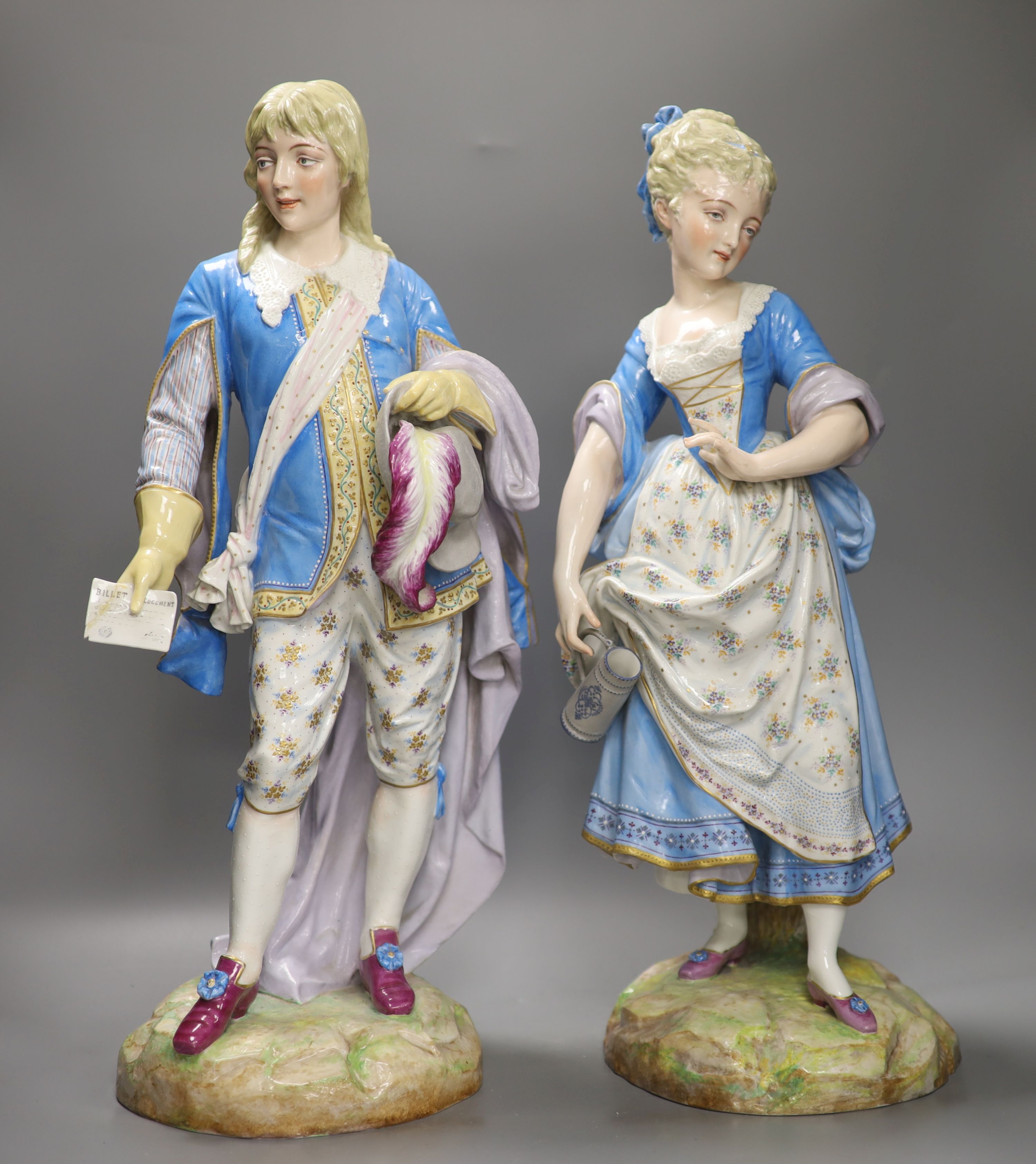 A pair of large Paris porcelain figures of a lady and gent, tallest 52.5cm